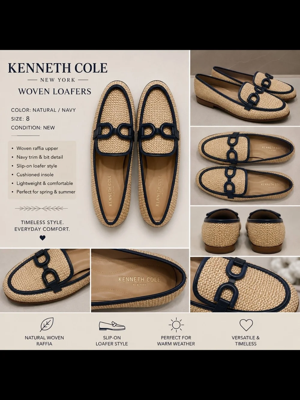Kenneth Cole Natural Raffia Loafers with Navy Trim - New - Size 8